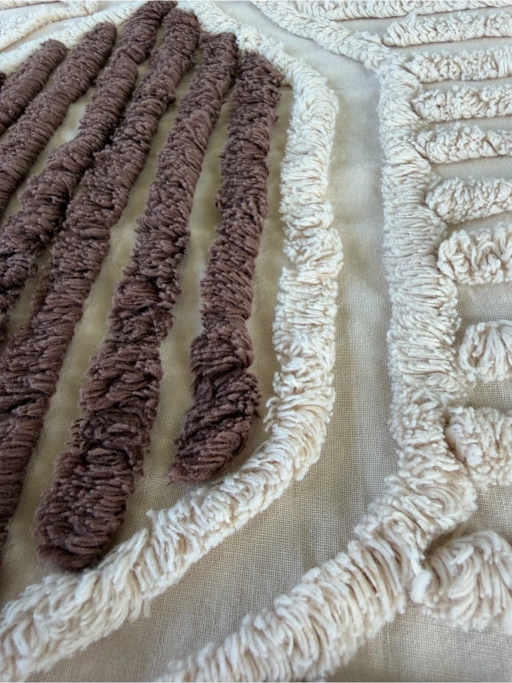 Vintage Tufted Chenille Coverlet Geometric Floral Brown Pink 72x100 GUC